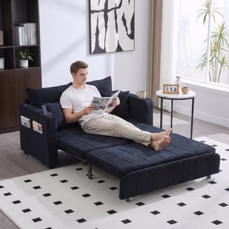 LVHOM divano letto con schienale regolabile in 3 posizioni e USB, divano letto estraibile, 2 posti con portabicchieri Salvaspazio 139x73x83cm, nero