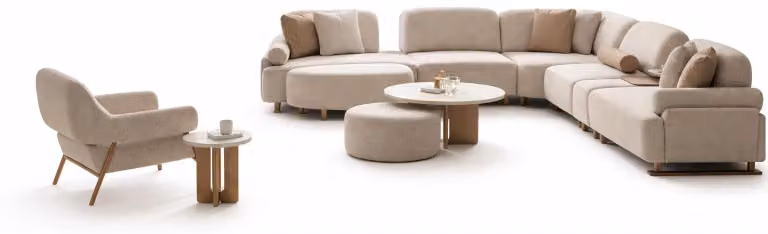Set da salotto moderno: divano ad angolo bianco a forma di U, set di design in stile minimalista