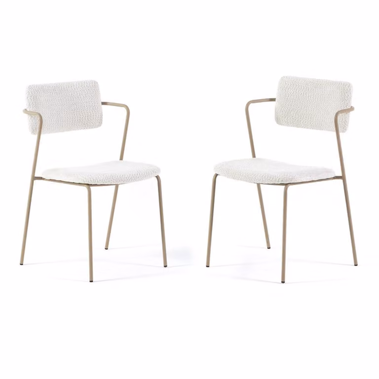 set di 2 sedie da interno in velluto bouclé con struttura in metallo color champagne e braccioli integrati - design moderno ed elegante, comodo e raffinato, ideale per cucine,da pranzo, spazi commerciali o ristoranti - LUISA