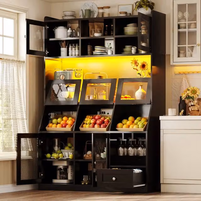 Credenza da cucina alta con LED e USB, anta in vetro, cassetto e ripiani regolabili, nera, 120 × 40 × 181.7 cm