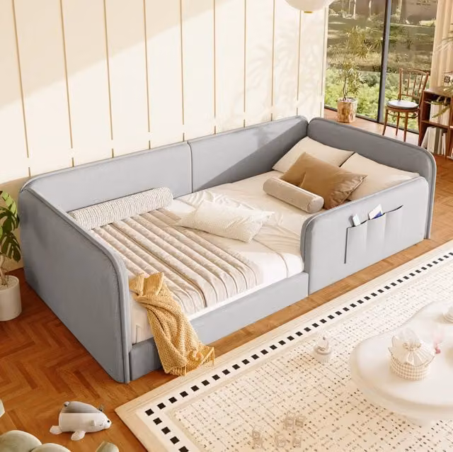 Letto singolo imbottito 90x200 cm con rivestimento in lino grigio e tasche laterali