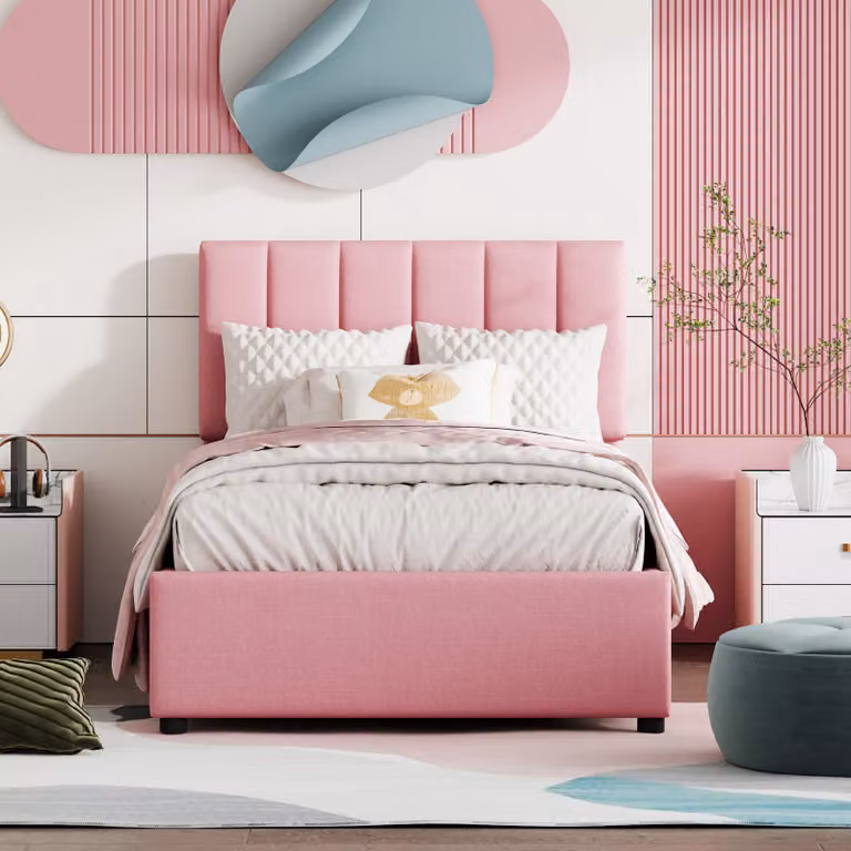 okwish Letto imbottito 90x200 cm con contenitore idraulico, materiale lino Pleasant, Rosa