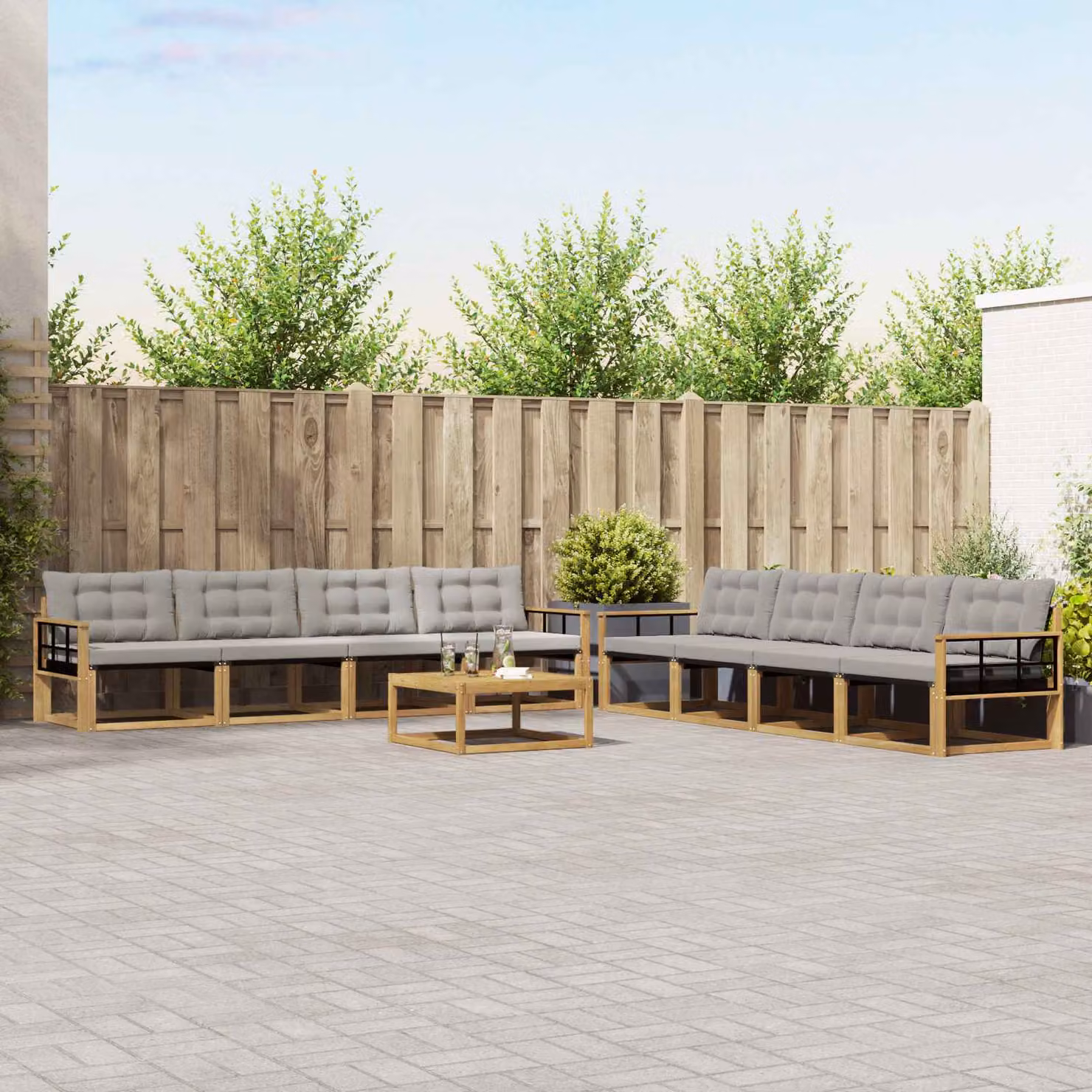 Set di divani da esterno vidaXL a forma di U composto da 9 pezzi con tavolo da caffè, in legno di acacia trattato e tessuto textilene, colori bianco, grigio e marrone