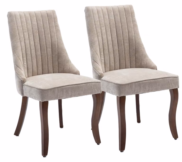Set di 2 poltrone da pranzo in velluto, con schienale alto trapuntato e gambe in legno color naturale, colore beige