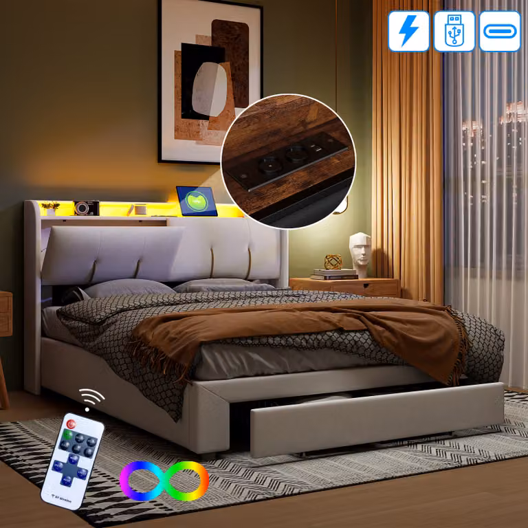 Letto imbottito CDGlobal 160x200cm con rete a doghe (1 cassetto), letto a molle idrauliche con contenitore, letto contenitore letto matrimoniale con testata contenitore e LED, velluto, beige