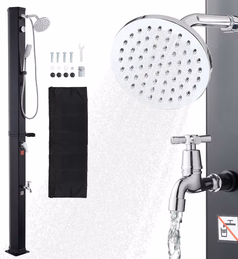 Doccia solare - Doccia da giardino e piscina 40 litri - Altezza 229 cm - Miscelatore acqua calda e fredda - Doccetta e valvola a pedale - Max. 60 °C - Nero