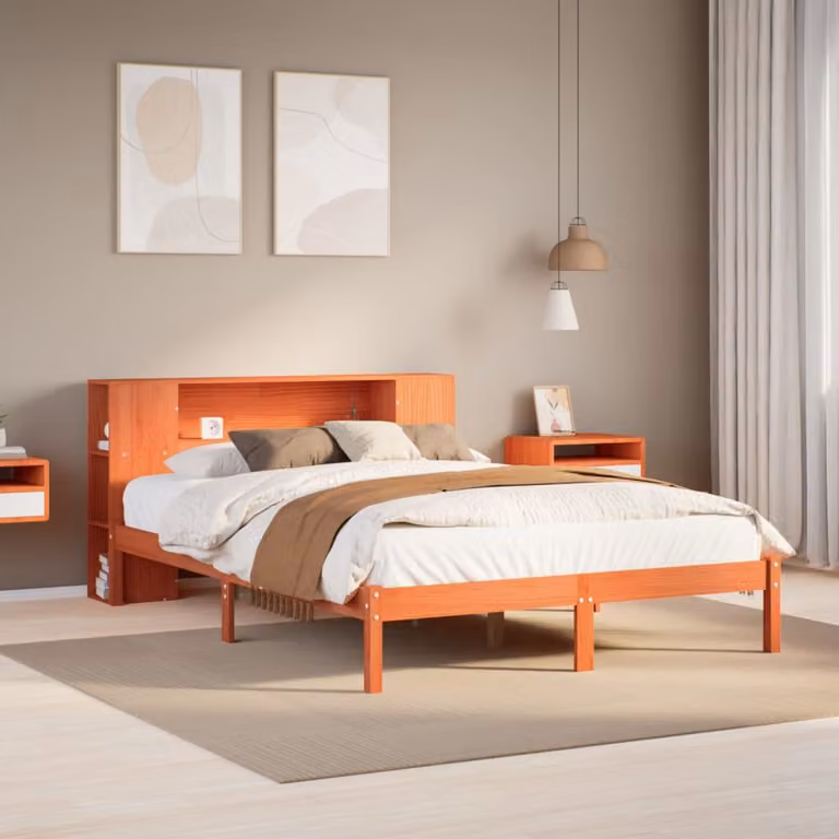 vidaXL Letto Libreria in Legno di Pino Massello Marrone Cera con Ripiani Laterali L/P/H: 140 x 190 cm