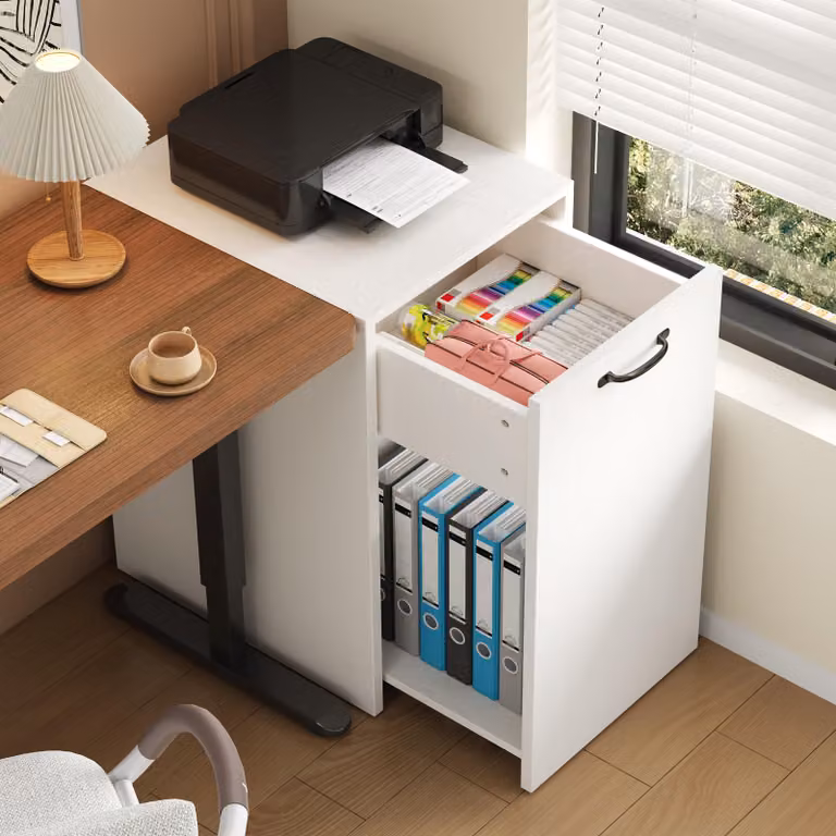 MODFU, contenitore mobile a rotelle, 35x40x70 cm, armadietto per ufficio con design completamente estraibile, cassetto e vano aperto, carrello mobile per documenti con 4 rotelle, bianco
