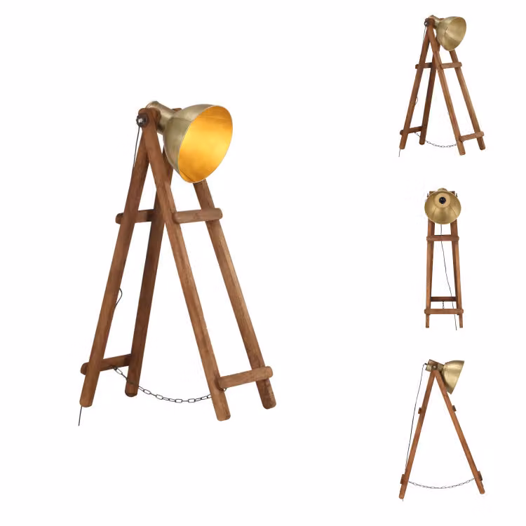 vidaXL Lampada da terra in ottone E27 in legno massiccio di mango - Lampade