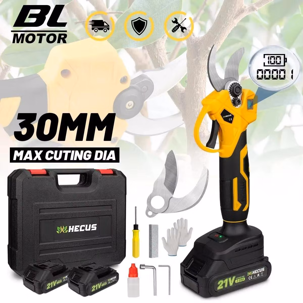 Tagliabranche elettrico - Tagliabranche a batteria - Motore brushless - Lama da 30 mm - Senza fili - Batteria inclusa - CE - Nero