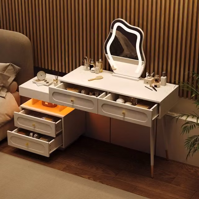 Toeletta Mivray Hollywood con specchio LED, 4 cassetti e mobile laterale regolabile, bianco opaco, L: 140 cm, P: 40 cm, H: 130 cm