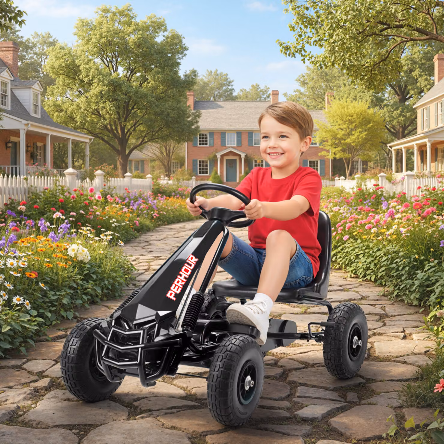 Kart a pedali AIYAPLAY per bambini con sedile regolabile, pneumatici in schiuma EVA, frizione manuale e freno, nero, L 110 x P 61 x H 62 cm – 2