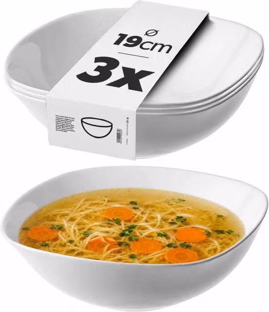 Ciotole da insalata KADAX da 19 cm in vetro, ideali per zuppe e snack, colore bianco, set da 3 pezzi.