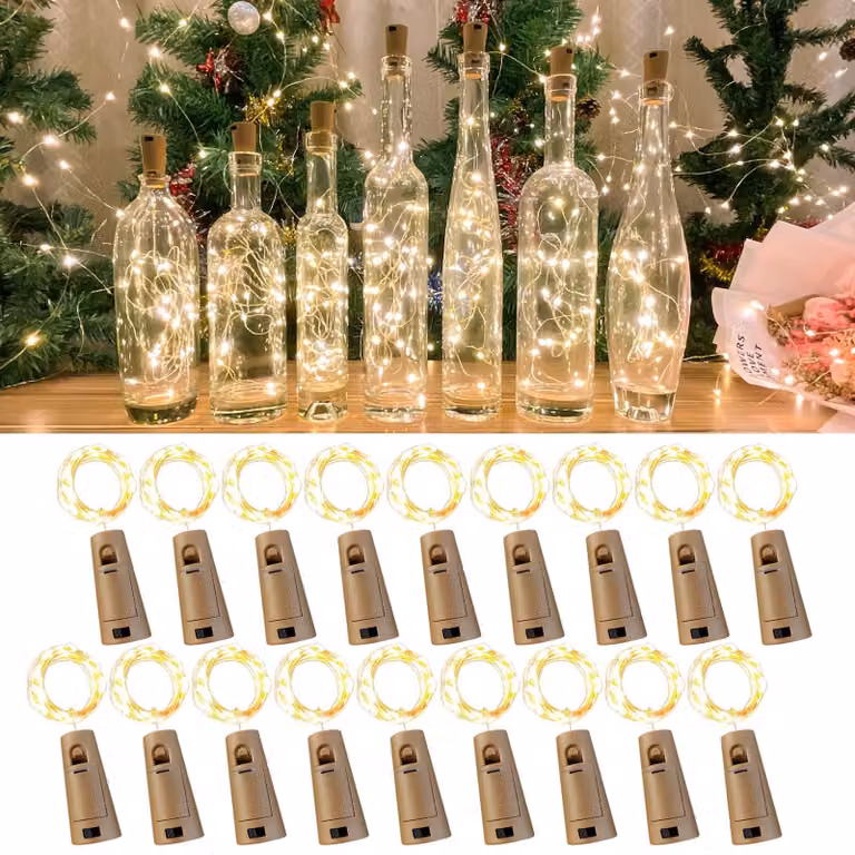 Catena luminosa a LED per bottiglie, composta da 18 luci, lunghezza 2 metri, 20 LED bianco caldo