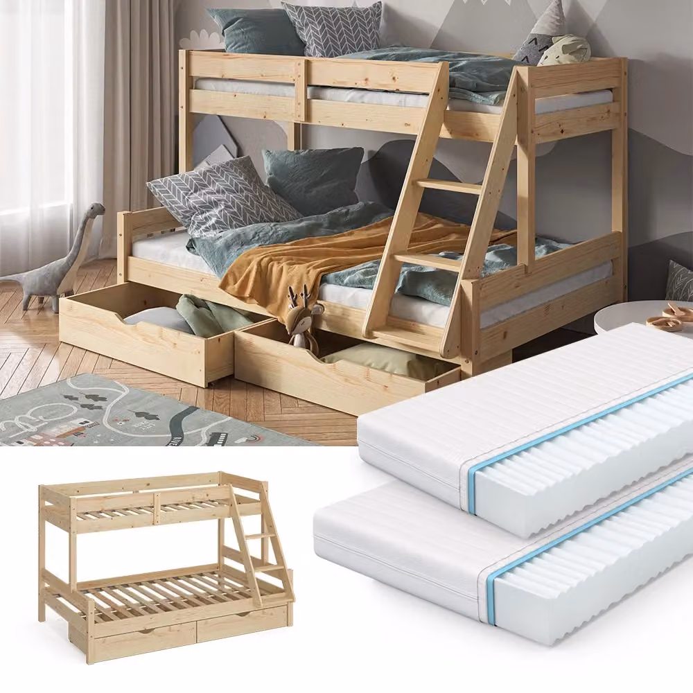 Letto a castello Everest Vitalispa in legno di pino marrone con 2 materassi e 2 cassetti per cameretta bambini L/P: 120 x 200 cm e 80 x 200 cm – 2