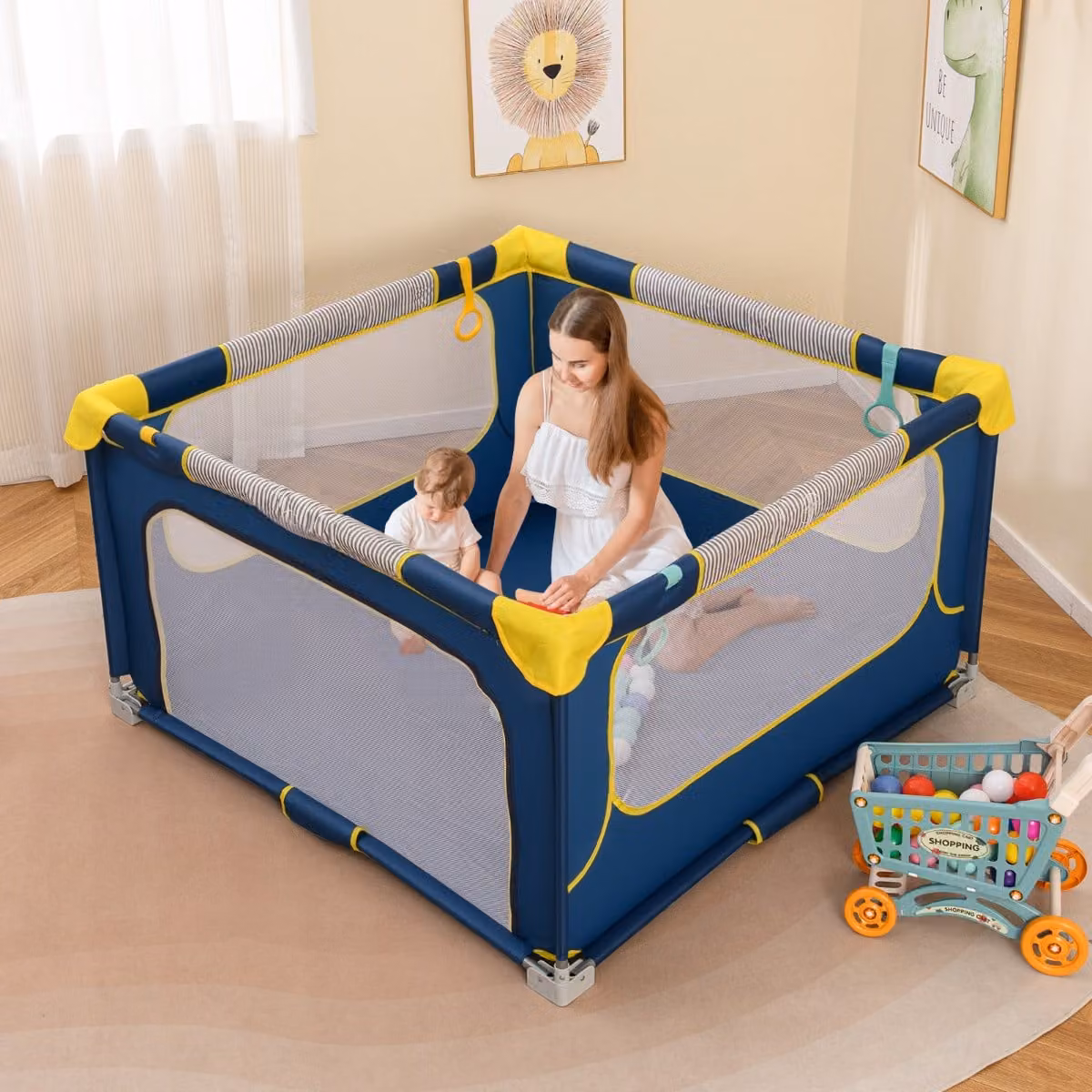 Recinto pieghevole per bambini Costway con cancello a cerniera, Blu, L/P: 127 x 127 cm