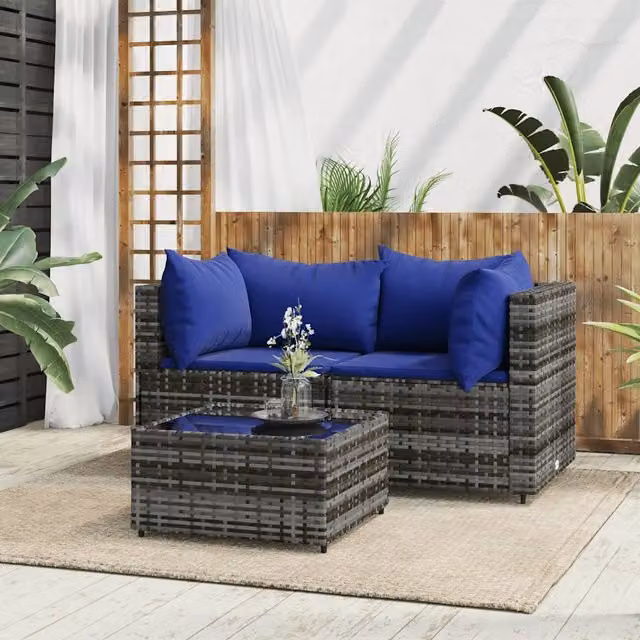Set da giardino moderno vidaXL composto da 3 pezzi con divano angolare, tavolino da esterno e cuscini in polyrattan e metallo, colore grigio e blu – 1