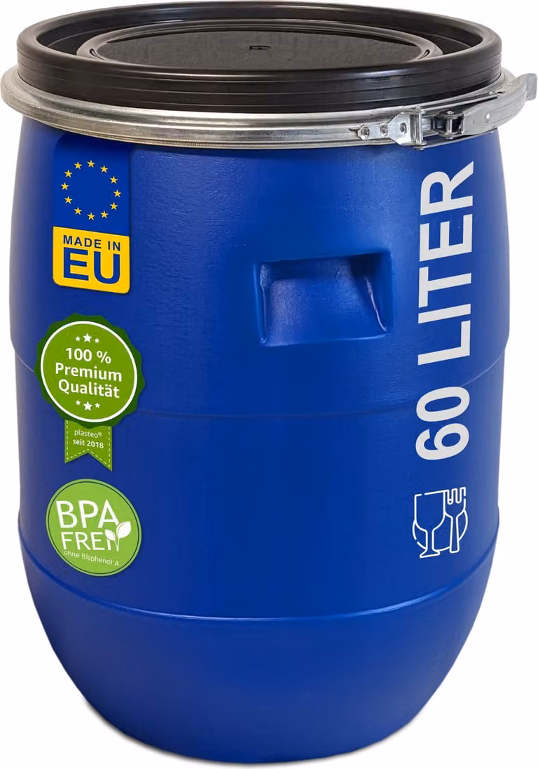 plasteo® 60 litri a collo largo con coperchio e anello di serraggio Botte di alimentazione Botte di plastica Botte universale Tun di mash con coperchio Botte per crauti