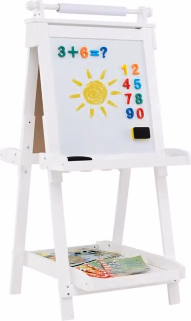 Cavalletto pieghevole bifacciale 55 x 66 x 106/116/126 cm con altezza regolabile e facile stoccaggio in MDF bianco 20_0018722