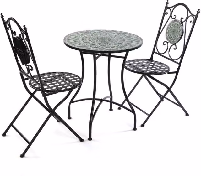 Set tavolo e 2 sedie Mandala verde metallo smaltato e ceramica a mosaico 60cm