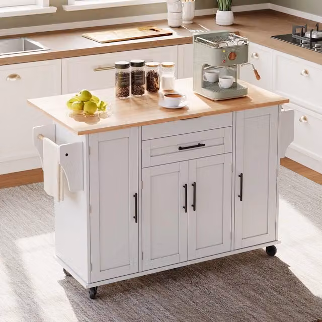 Carrello da cucina REDOM con piano estensibile, Bianco e Naturale, L: 136 cm, P: 70 cm, H: 92 cm