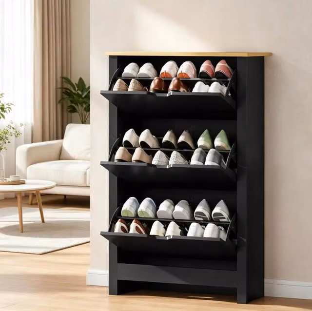 Mobile portascarpe moderno con 3 ante a ribalta in rovere e nero L 112 cm x P 26 cm x H 72 cm – 1