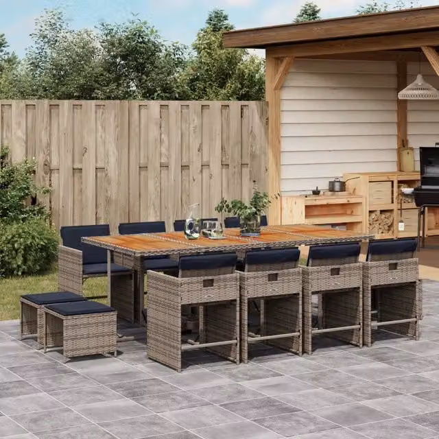 Set da pranzo da giardino vidaXL in polyrattan e legno di acacia da 13 pezzi con cuscini, colore grigio, marrone o blu – 1