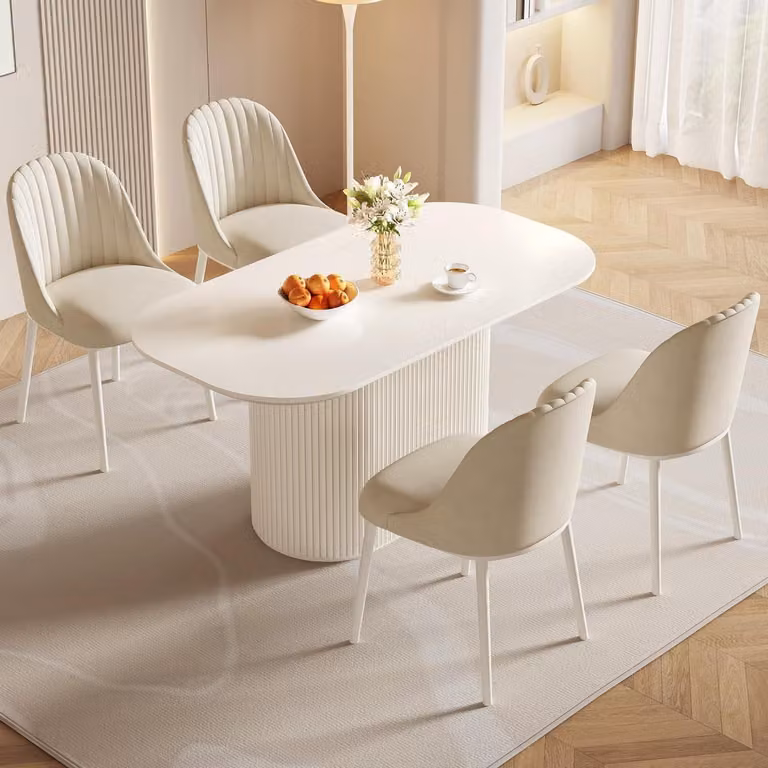 Set da pranzo con tavolo e 4 sedie, design scandinavo, colore bianco, dimensioni tavolo: 160 cm