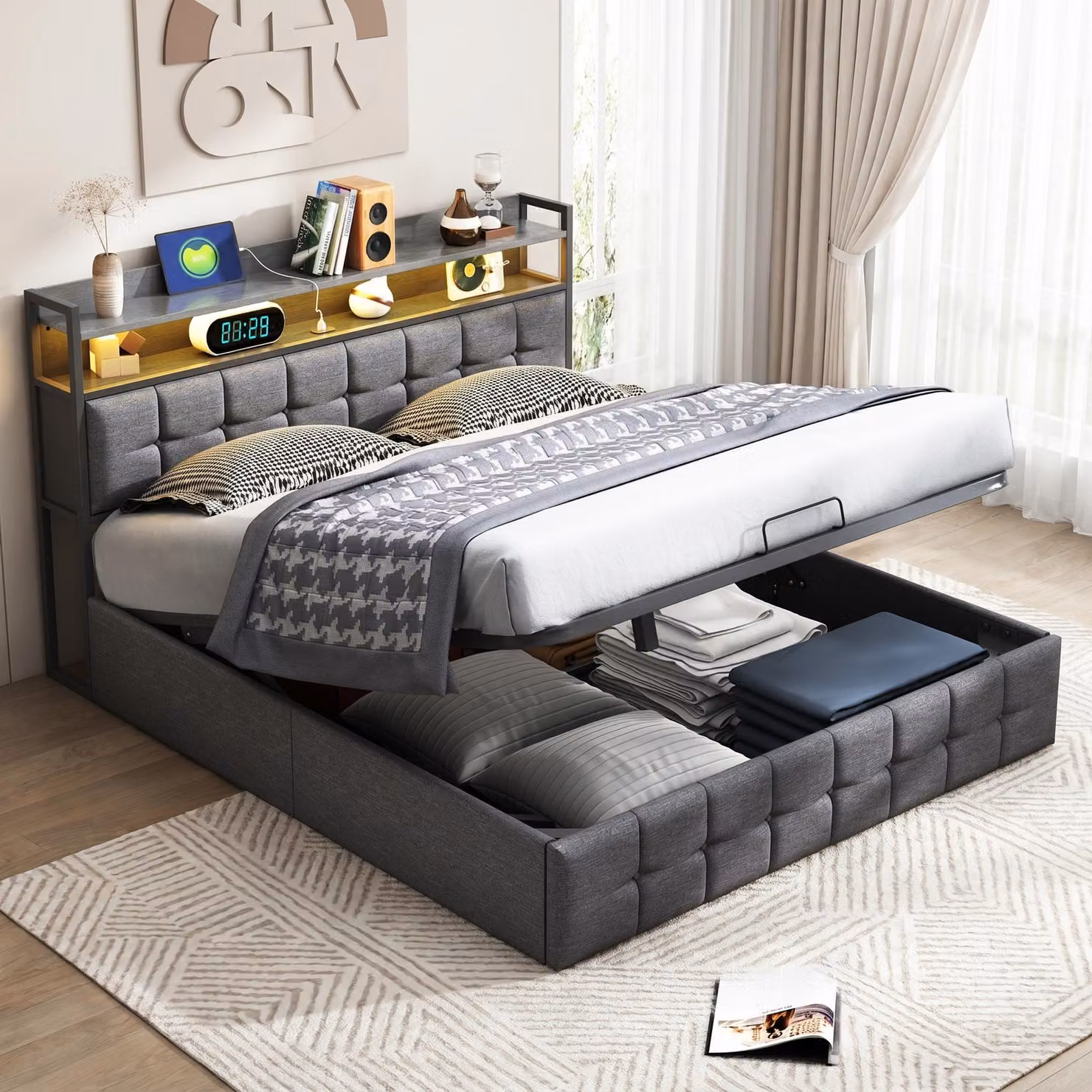 Letto imbottito INONEFT 160x200 cm con LED e porta USB di tipo C, letto con box contenitore ad apertura idraulica, letto matrimoniale per giovani con rete a doghe e contenitore, colore grigio lino
