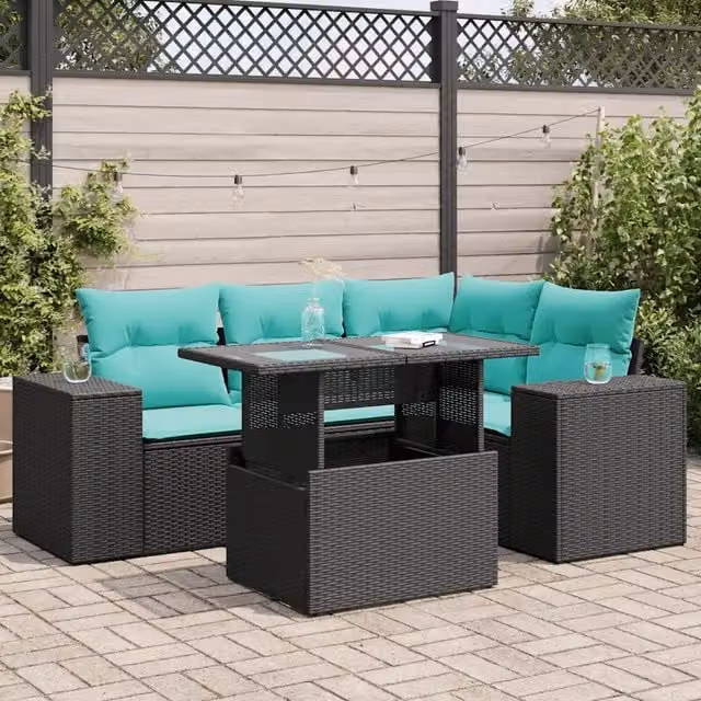 Set Divano da Giardino 5 pz con Cuscini Nero Polyrattan Acacia 3326788