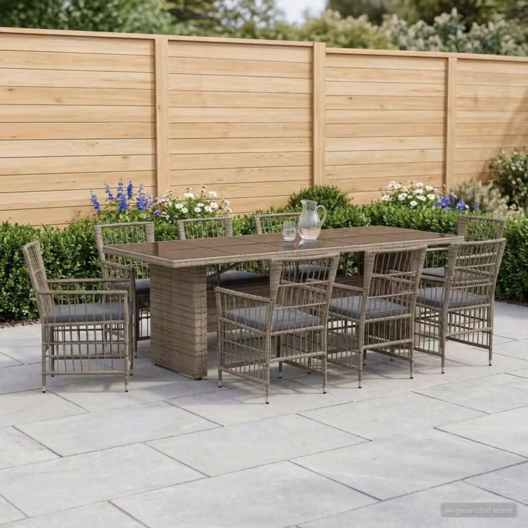 Set da pranzo per esterni vidaXL in polyrattan e vetro grigio, 9 pezzi