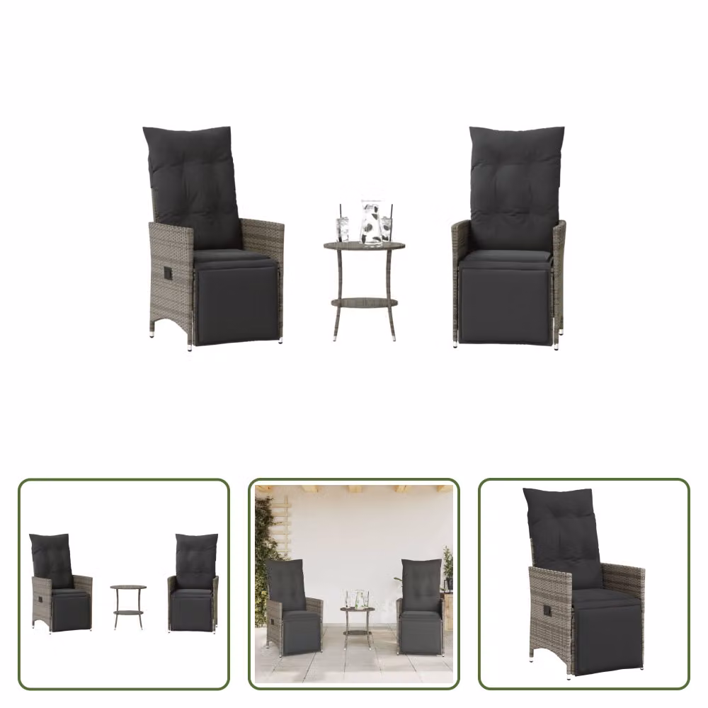 The Living Store Set bistrot 3 pezzi con cuscini in poly rattan grigio