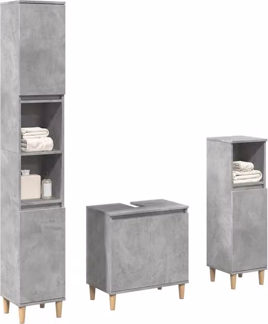 Set di mobili da bagno moderno vidaXL in legno grigio opaco composto da 3 pezzi con mobile lavabo, armadio alto e mobile laterale a parete