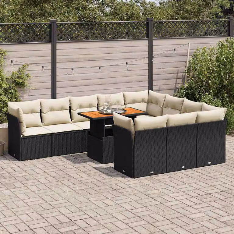 Set Divani da Giardino vidaXL 11 pz in Polyrattan Nero con Cuscini e Tavolino da Esterno