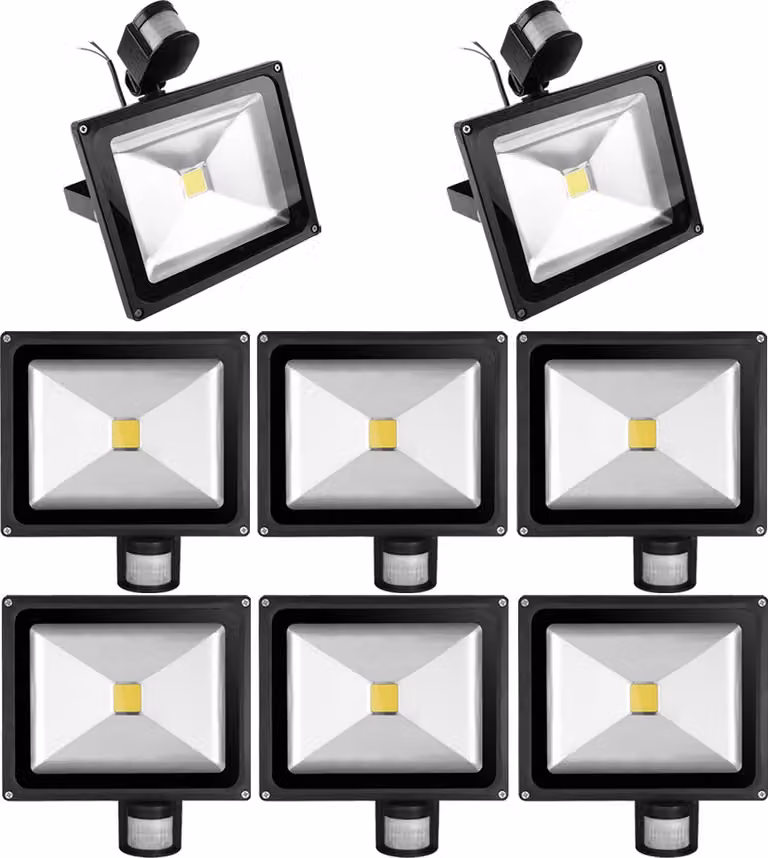 8 pezzi 30W LED faretti proiettori spot faretti da esterno con sensore di movimento, Greenmigo bianco caldo faretti da parete nero alluminio IP65 impermeabile AC 85-265V bianco luce diurna