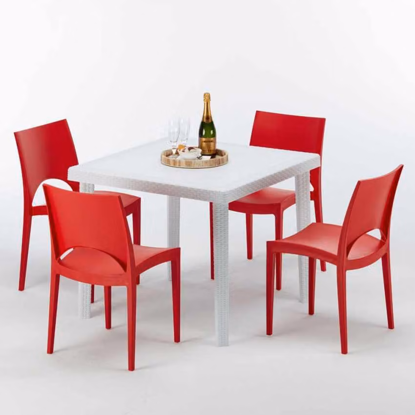 Tavolo quadrato bianco e 4 sedie in polipropilene colorato per esterni Grand Soleil Paris Love - Rosso