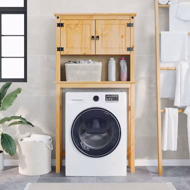 Mobile da bagno sospeso vidaXL in legno di pino rustico marrone con ante a cerniera e ripiani interni