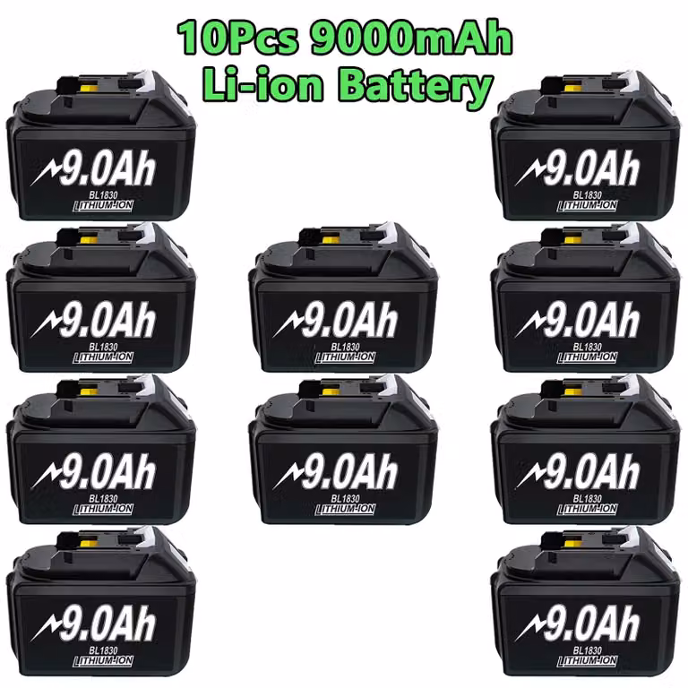 Set di batterie di ricambio - confezione da 10 - 9000 mAh - 18 V - agli ioni di litio - compatibile con BL1830, BL1840, BL1850, BL1860