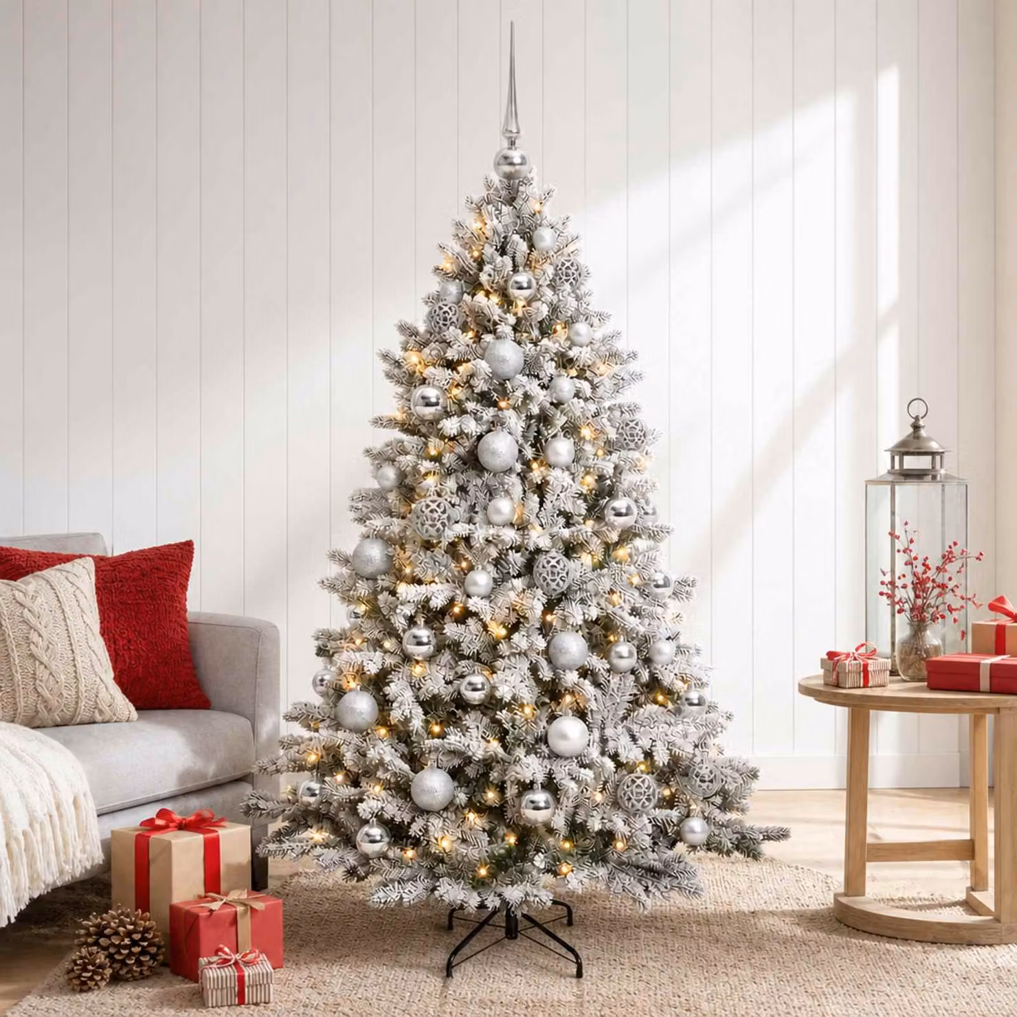 Albero di Natale Artificiale Moderno vidaXL Verde con Palline Bianche e 150 LED Luce Bianca Calda