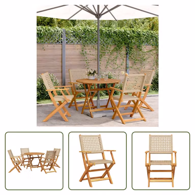 The Living Store Set da pranzo da giardino 5 pezzi Beige in poly rattan e legno massiccio