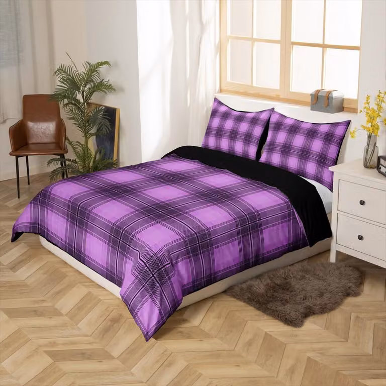 Omgoods - Set di lenzuola con copripiumino geometrico, viola e nero, per letti matrimoniali