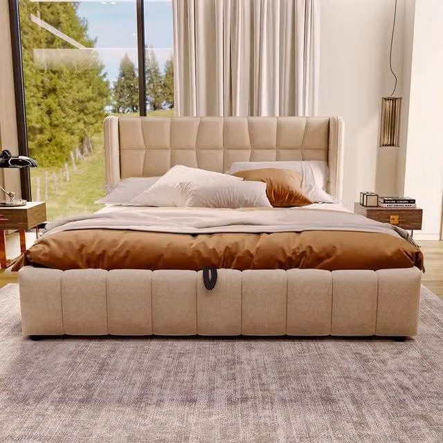Letto imbottito matrimoniale - Xylo - 180x200 cm - Beige - Sistema di stoccaggio pneumatico