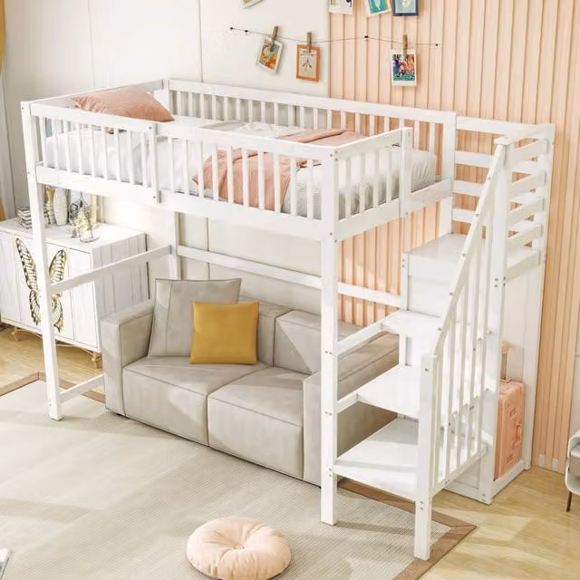 Letto a soppalco singolo Chicfurn bianco con scala, armadio e rete a 15 doghe, L/P/H: 200 x 90 x 255 cm
