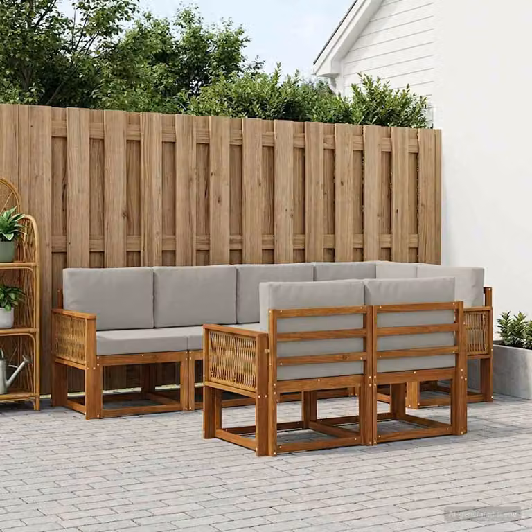 vidaXL Set di divani da esterno a L in legno di acacia 7 pz, Beige, Grigio e Marrone con cuscini inclusi