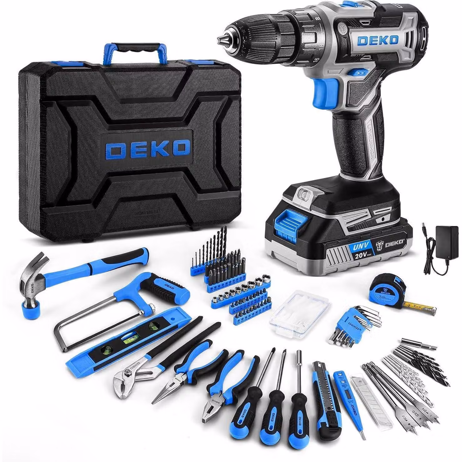 Kit di attrezzi da 186 pezzi, completo di avvitatore a batteria da 20V e accessori