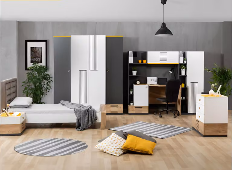Set da camera da letto moderno con letto, armadio, scrivania e cassettiera