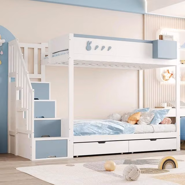 Letto a castello-Xylo-90x200cm, motivo conigli, cassetti, bianco+blu