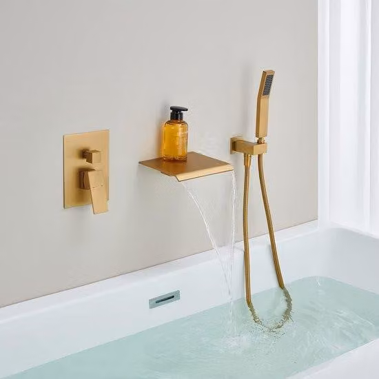 WEBO Deluxe miscelatore da incasso per vasca con doccetta, oro spazzolato opaco, design a cascata, comando a 2 pulsanti