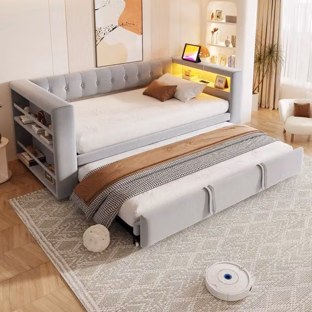 Letto multifunzionale WISHDOR con contenitore, illuminazione LED, prese USB e scomparti laterali, grigio, L: 182 cm, P: 214 cm, H: 120 cm