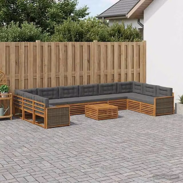 Set di divani da giardino a forma di U vidaXL in legno di acacia massello con cuscini, 11 pezzi, marrone e grigio – 1
